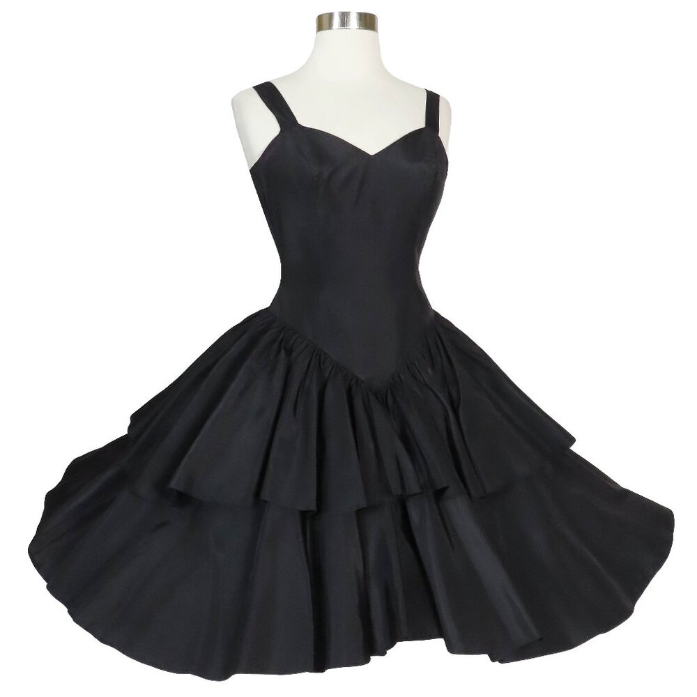 Vintage 80s 50s Black Taffeta Tiered Full Circle Skirt Prom Party Dress XXS XS